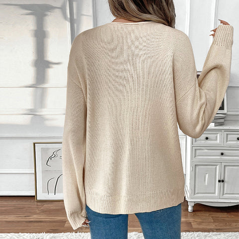 Casual loose and versatile knitted sweater lace-up solid color sweater m300793