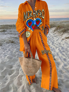 Linglong hemp fish shading casual suit loose sports wide-leg pants marine element casual shirt m303169