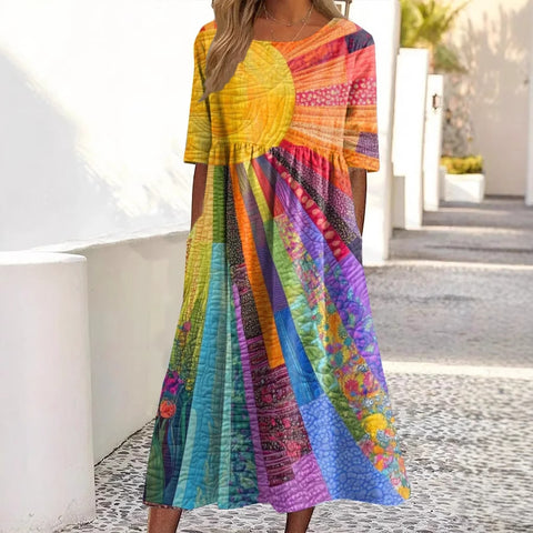 Summer new mid-waist women's casual round neck printed pendulum women's dress m301303