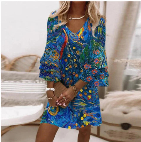 Full-body printed V-neck dress m302858