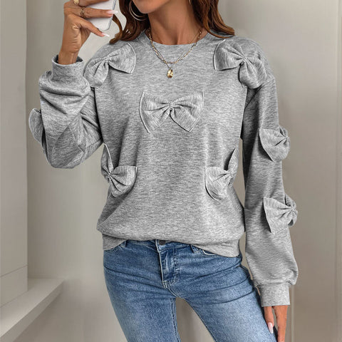 Bow stitching grey crew neck sweater m300824