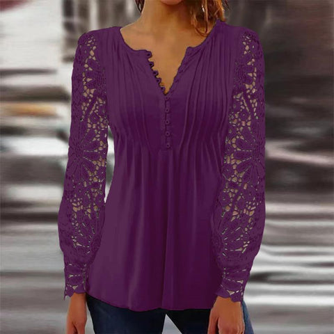 Lace Sleeve Pleated Solid Color Button T-Shirt Bottom Shirt m301333
