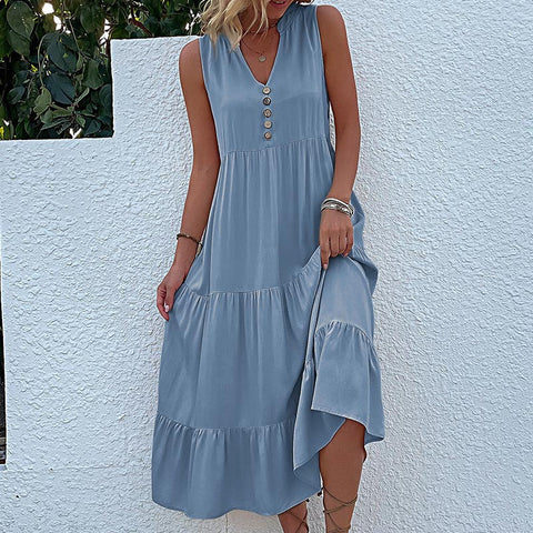 Summer popular sleeveless pleated skirt loose V-neck medium and long dress m300851