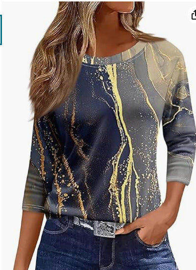Slim and thin imitation cotton round neck printing solid color seven-quarter sleeve long sleeve m302884