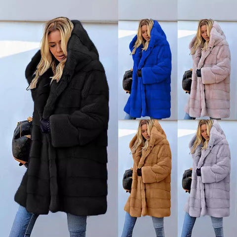 Street hipster no belt solid color long sleeve artificial fur hooded warm fur jacket autumn m302144
