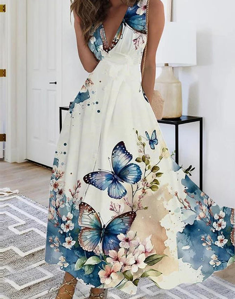 Women's new V-neck with lining high waist sleeveless printed sexy vest dress m301267