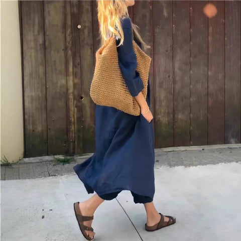 Women's summer pocket V-neck 2-piece set solid color loose women's clothing m302332