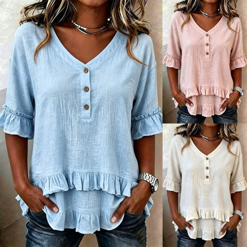 Lotus leaf edge V-neck irregular hem short sleeve m302918