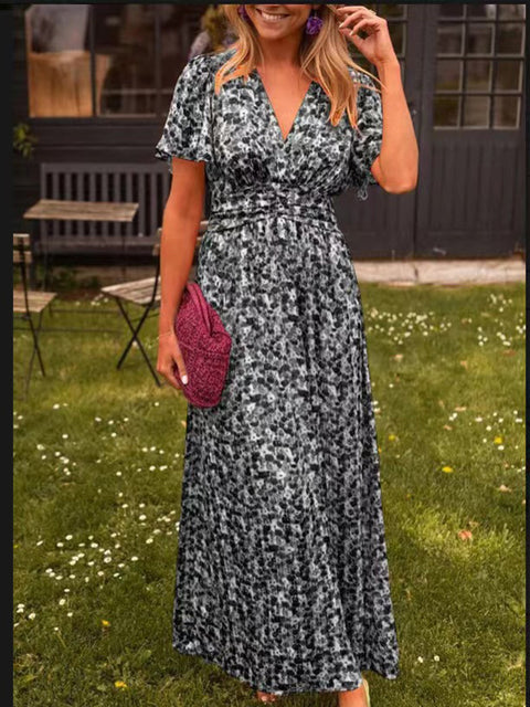 Temperament printed waist V-neck dress m301307