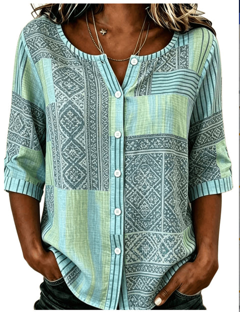 Cotton and linen shirt round neck seven-quarter sleeve single-breasted casual top m303032