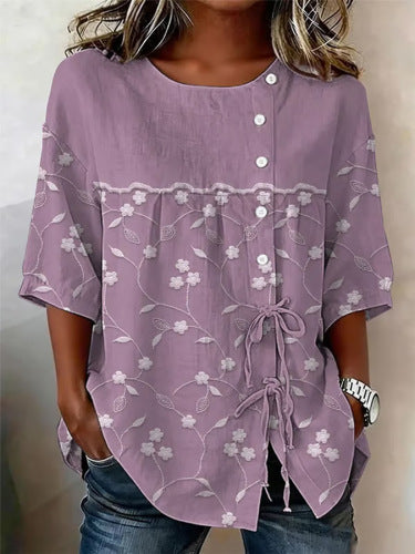Color matching loose blouse five-button drawstring m302924