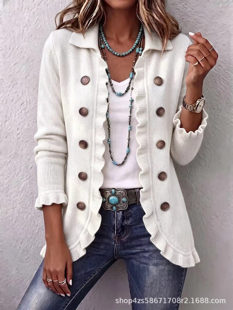 Women's fashion long-sleeved ruffle leaf open button cardigan FF303384 04