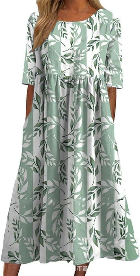 Ladies Casual Crew Neck Pullover Short Sleeve 3D Printing Pleated Waist Swing Long Dress Dress m301299