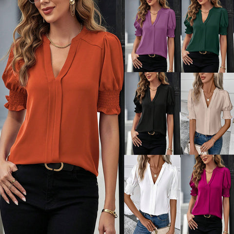 New V-neck temperament bubble sleeves solid color shirt blouse m301005