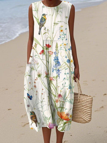 New sleeveless casual printing temperament long dress dress slim fit small fresh casual dress m301521