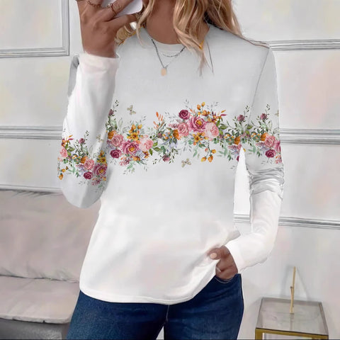 Women's Loose Fashion Retro Classic Printed Crew Neck Long Sleeve T-Shirt m301237