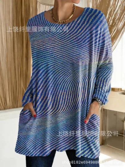 3D printed women's new medium and long pocket round neck pullover fashion T-shirt m303192