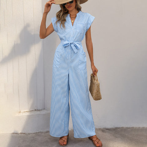 V-neck jumpsuit striped lace-up jumpsuit m300837