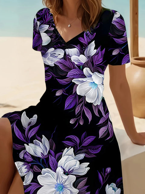 New V-neck casual flower print short-sleeved medium-length dress m302707