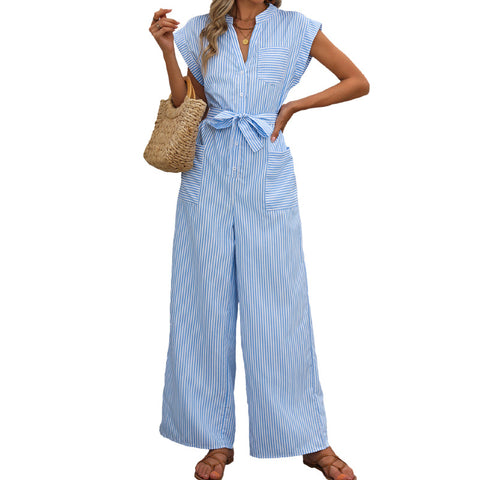 V-neck jumpsuit striped lace-up jumpsuit m300837