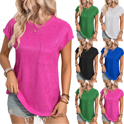 New Casual Crew Neck T-Shirt Top Pocket Women's m300986