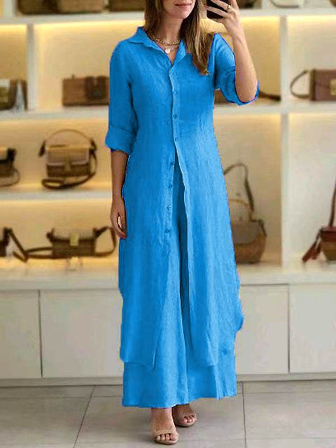 Elegant cotton and linen slim-fitting waist long-sleeved shirt wide-leg pants set m301063