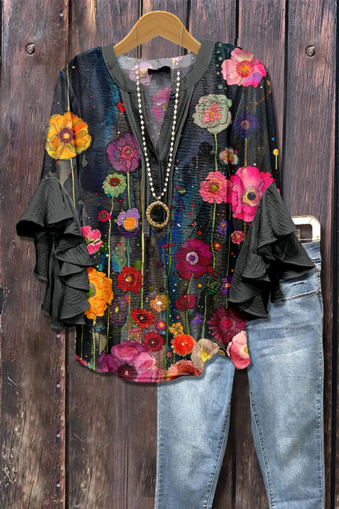Digital printing casual trend V-neck lotus edge T-shirt women's m302725-1