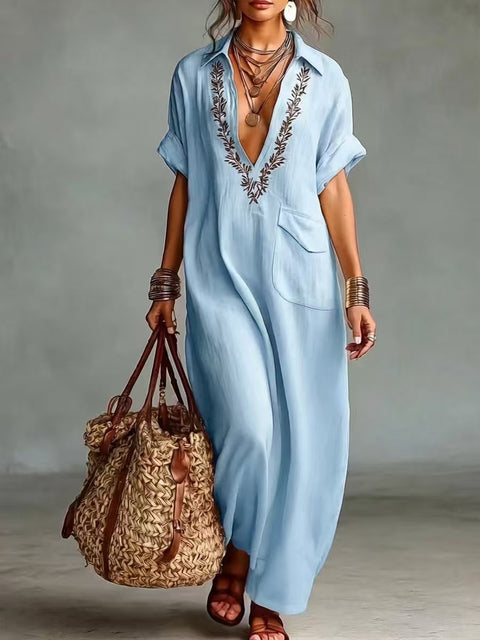 Loose ladies embroidery pocket casual lapel cotton and linen jumpsuit m302716
