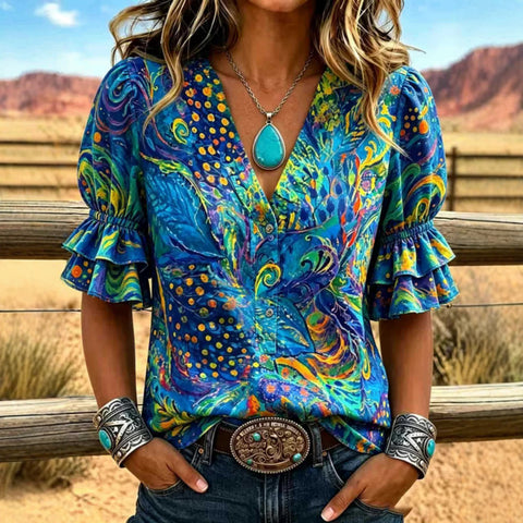 V-neck three-button top digital print horn-sleeved shirt FF303333