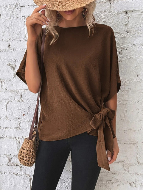 Solid color bat wing sleeve hem knotted loose top m301016