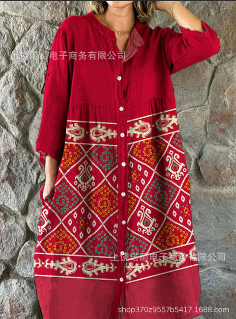 Women's Loose Crew Neck Fashion Premium Long Sleeve Printed Shirt Dress m301050