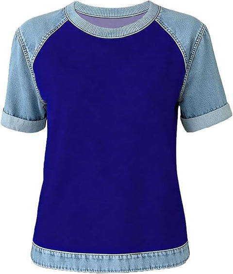 Printed denim splicing round neck short sleeve loose casual m302385