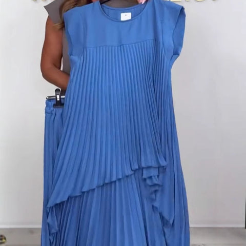 Crew neck solid color sleeve top pleated straight pants set two-piece set m301509