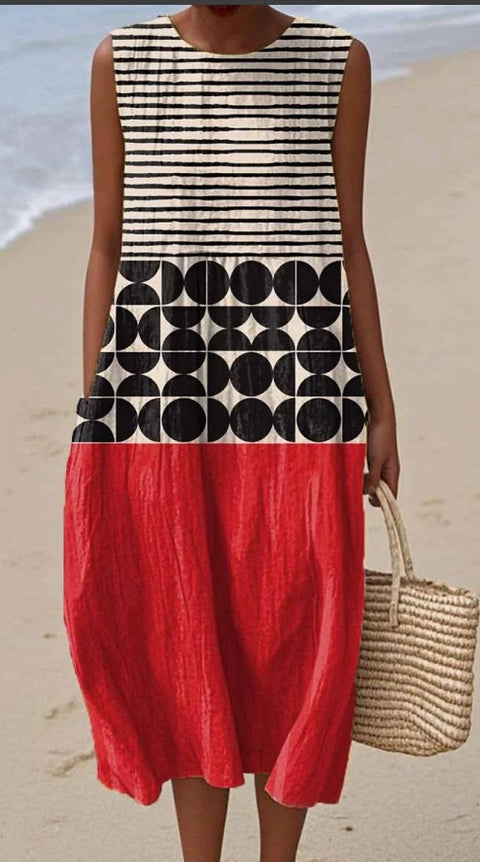 Summer sleeveless pocket casual print temperament long dress dress m302454