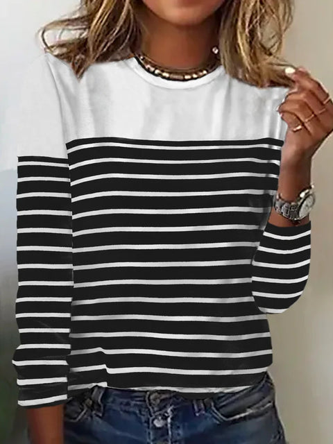 Long Sleeve Striped Two-Color Printed Splicing Crew Neck Top T-Shirt m300892