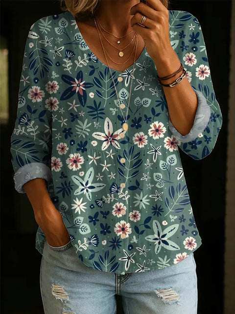 Crew Neck Women's Floral 3D Printed Women's Henley Shirt m302611