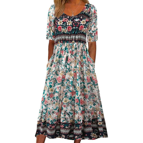Women's Crew Neck Short Sleeve Long Dress Bohemian Dress m302895