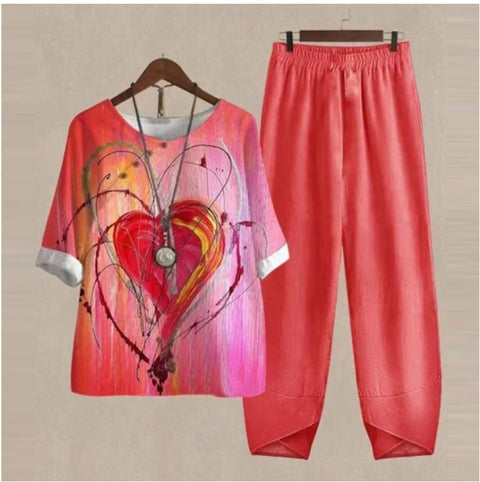 Split sleeved printed top and pants two-piece set m300036