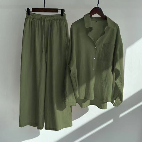 Cotton and linen shirt set high waist loose trousers m301983