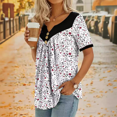 Small floral splicing button casual short-sleeved top m300662