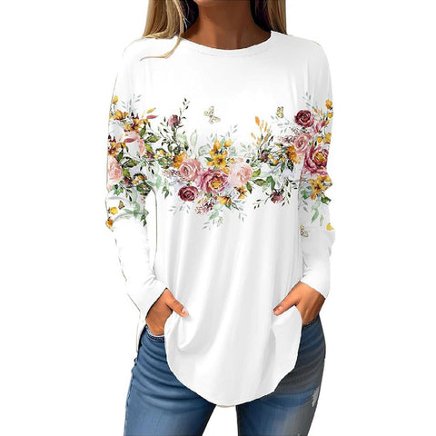 New hem curved loose long-sleeved crew neck T-shirt top print m302172