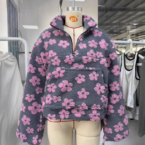 New fashion imitation lamb wool print loose zipper sweater long sleeve top m302113