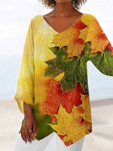 Women's printed animal natural scenery V-neck nine-quarter sleeve loose T-shirt m301289