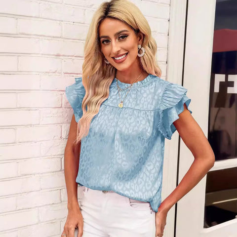 Versatile printed lotus leaf sleeve wavy neck women's top m300881