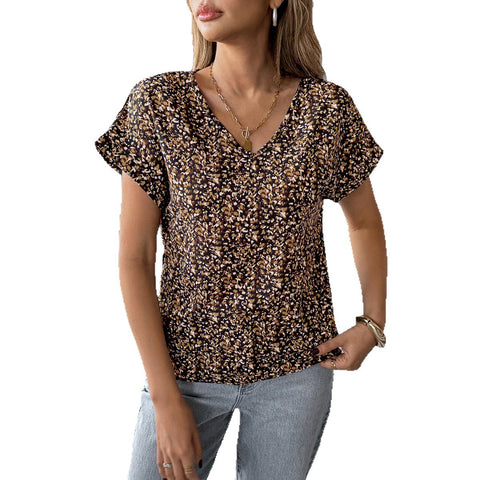 Holiday style floral short-sleeved T-shirt blouse m301398