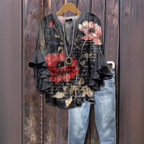 Digital printing casual trend V-neck lotus edge T-shirt women's m302725-1