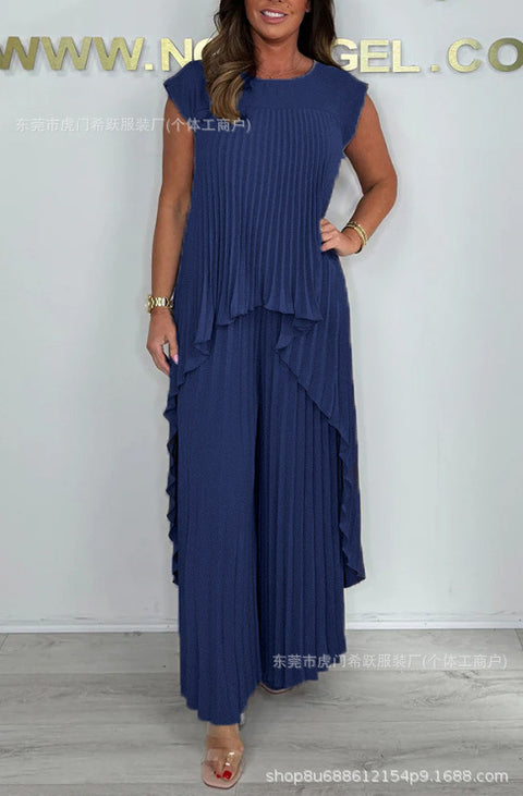 Crew neck solid color sleeve top pleated straight pants set two-piece set m301509