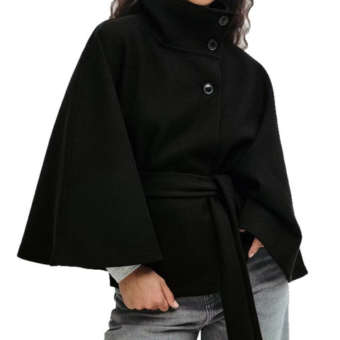 Stand-up collar waist thin lace-up solid color woolen coat women's m302333