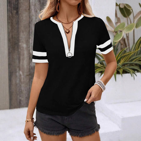 Solid color spliced zipper top fashion casual T-shirt women's m301770