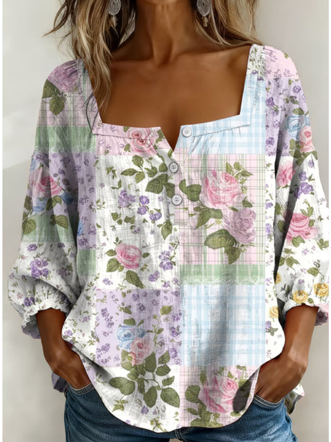 Women's square collar button-down shoulder seven-quarter sleeve medium sleeve T-shirt trend m302838